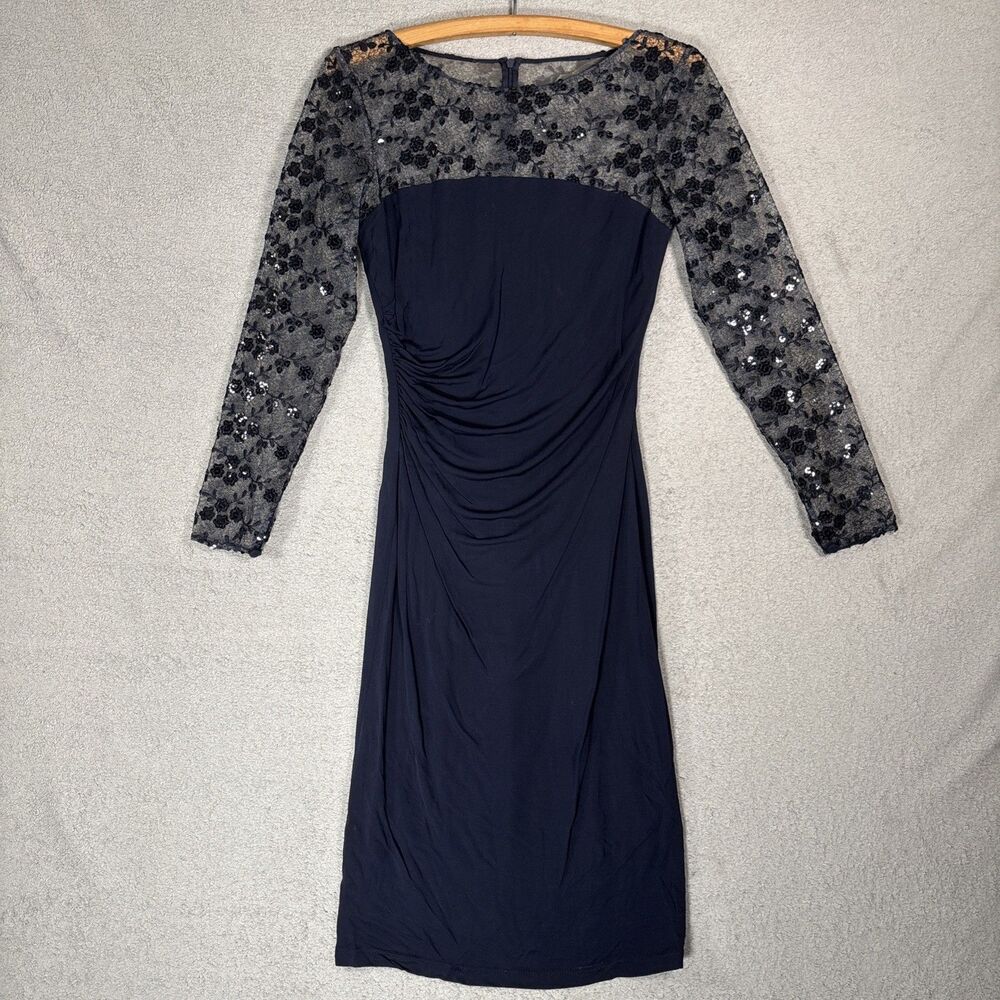 David Meister Women’s Size 4 Navy Blue Lace Sequins Illusion Cocktail Dress Glam